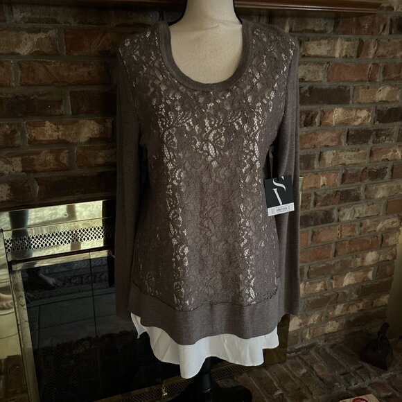 simply vera wang Brown Knit Sweater Over Blouse Size Large NWT - Picture 1 of 8